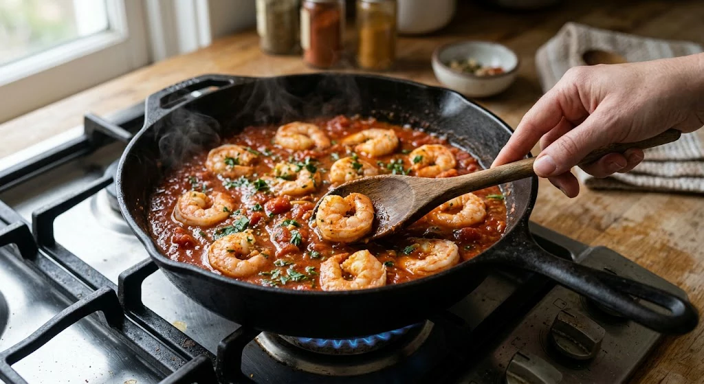 Shrimp gently simmering in a thick paprika and tomato sauce in a wide skillet