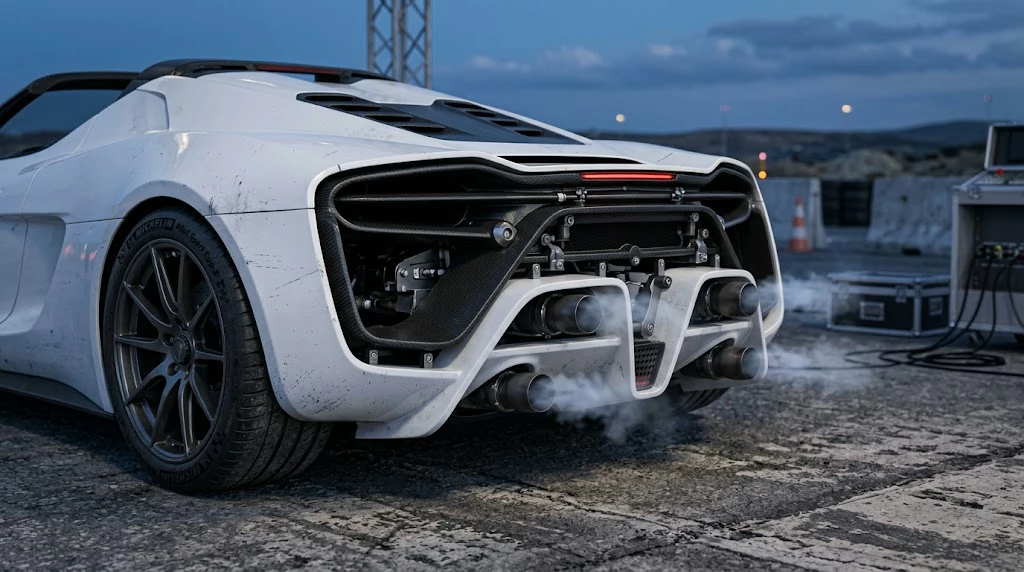 Rear cold-gas thrusters fitted to a futuristic electric roadster on a test track