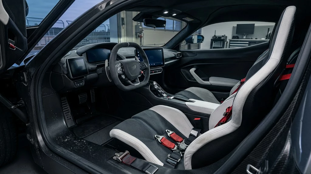 Minimalist one-seat electric hypercar interior with yoke steering and multiple displays