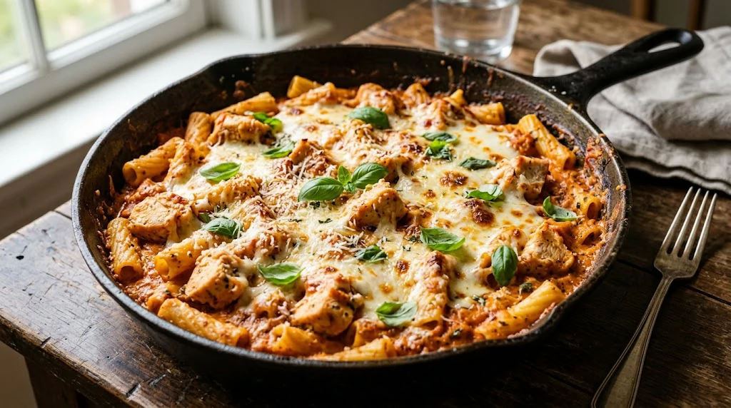 Tomato Chicken Pasta bake with creamy tomato sauce, chicken, mozzarella, and fresh basil