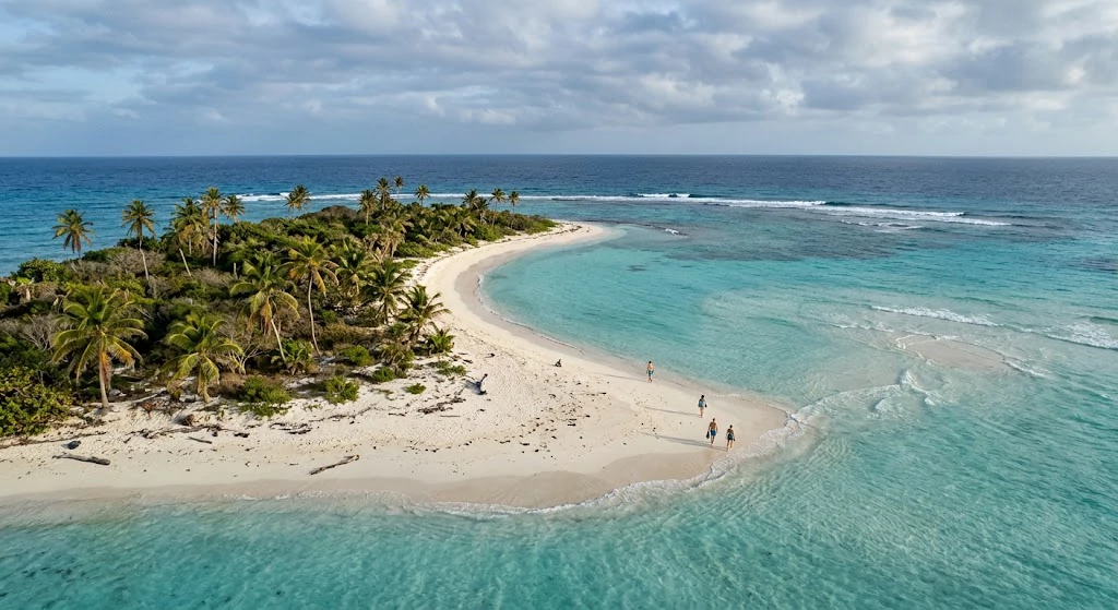 Clear turquoise lagoon and a small tropical island with white sand beneath a natural morning sky