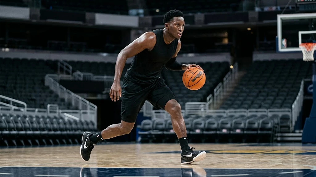 Victor Oladipo comeback represented by a veteran basketball guard training alone in an NBA-style gym