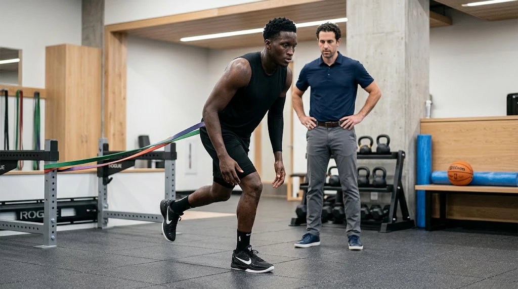 Veteran basketball player working through knee rehabilitation exercises in a professional training facility