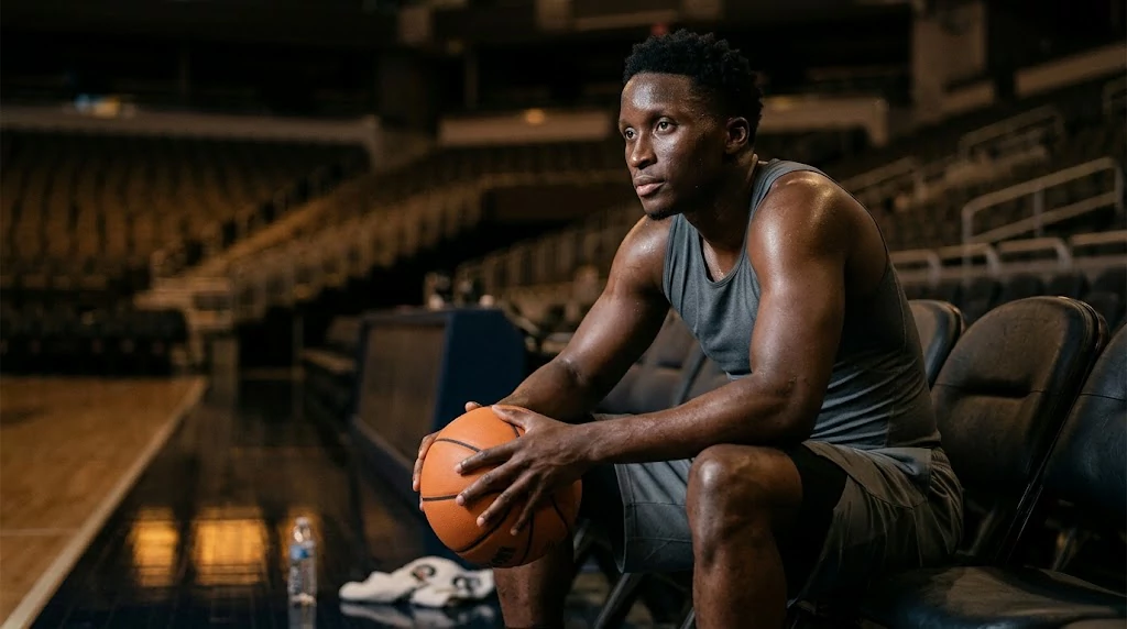 Veteran basketball player sitting courtside after a workout while pursuing another NBA opportunity